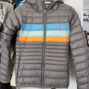Cotopaxi Fuego down jacket with hood, silver/multi color stripes, women’s small